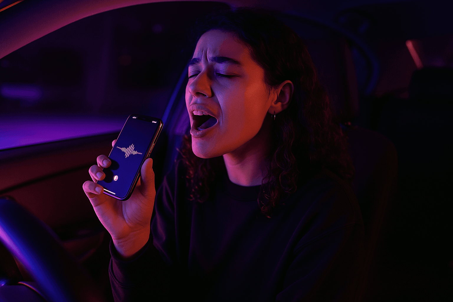 Femme chantant directement dans le micro de son téléphone