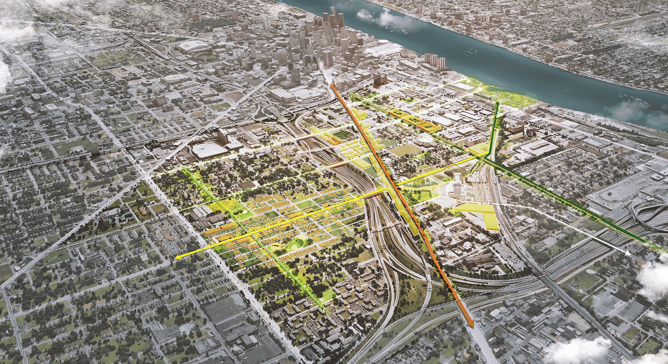 urban design rendering with 3D elements