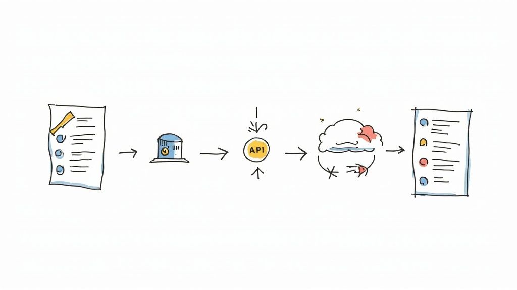 An illustration showing a funnel process, where raw, jumbled data goes in the top and comes out the bottom as clean, organized lead profiles.