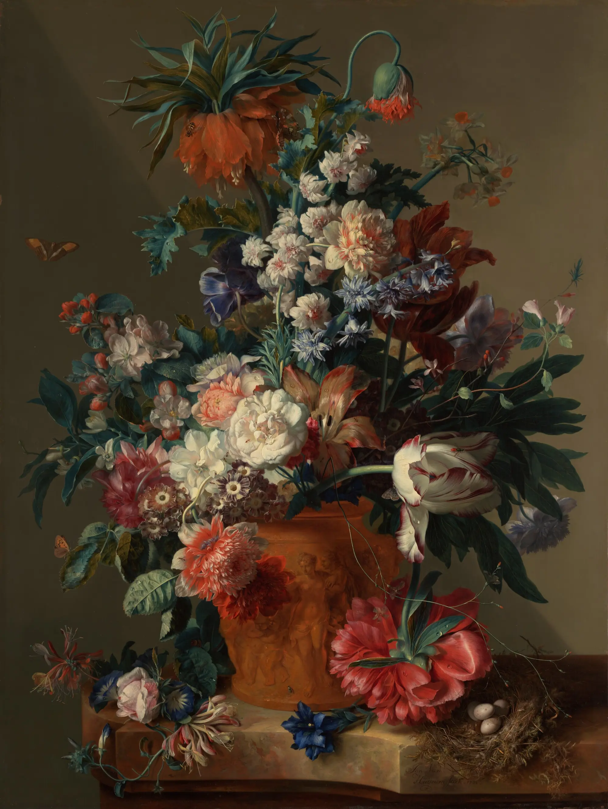 Decorative floral painting. Artwork: Vase of Flowers by Jan Van Huysum