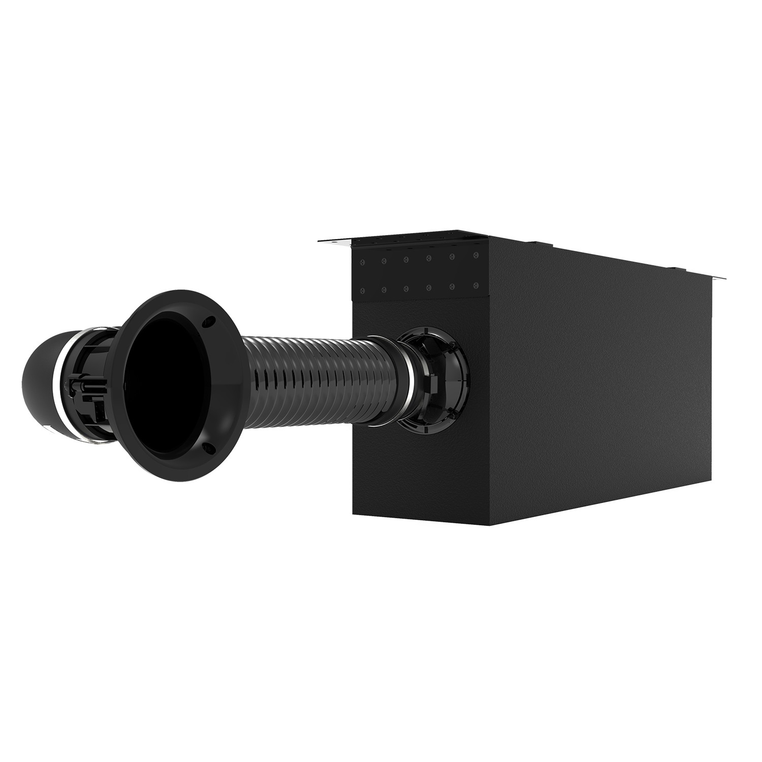 Black air vent with ribbed hose connected to vent box