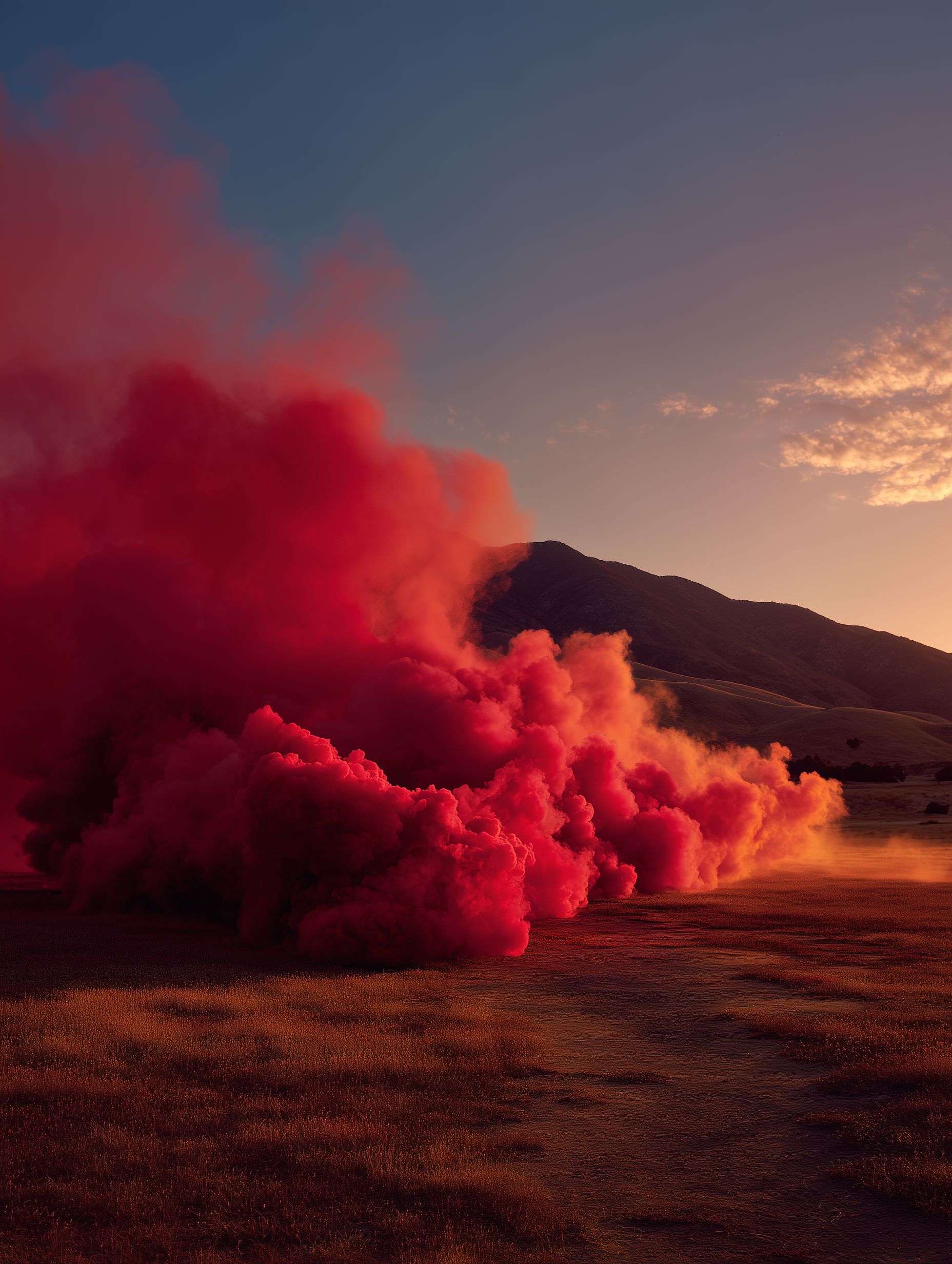 Red and orange smoke explosion in desert at sunset