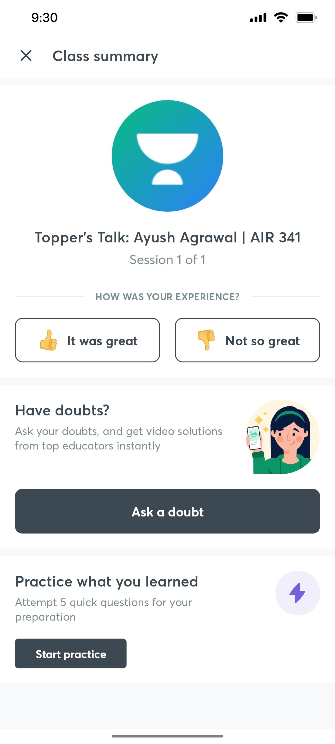 Unacademy Class Summary Screen