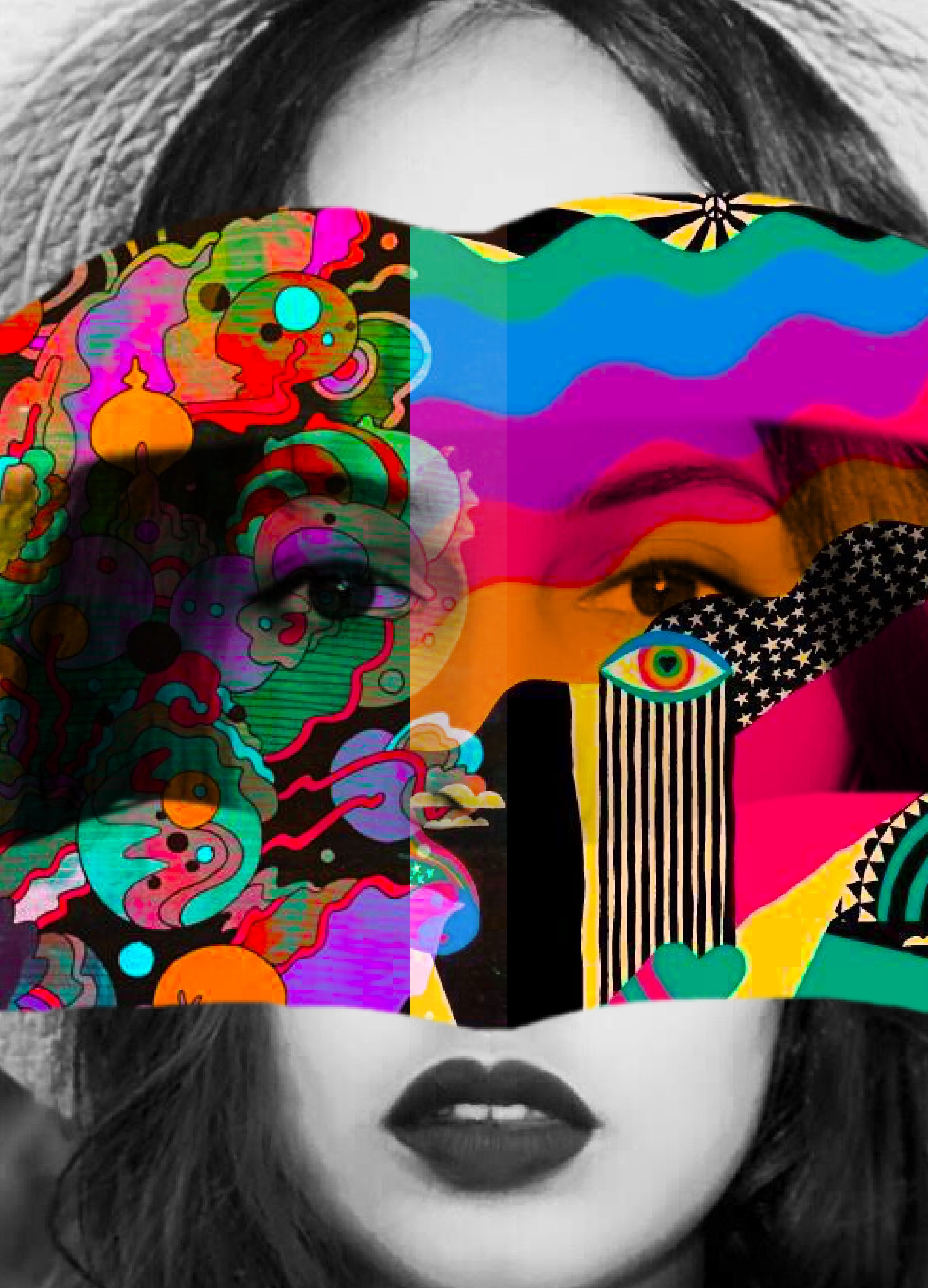 portrait of a girl where her face is in three sections, like 3 strips of torn newspaper, where the middle section has a variety of psychedelic illustrations and colors.