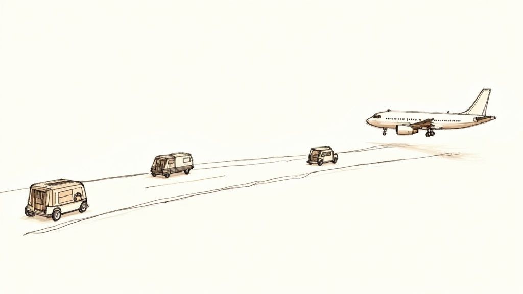 A happy dog looking out of a car window during a road trip.