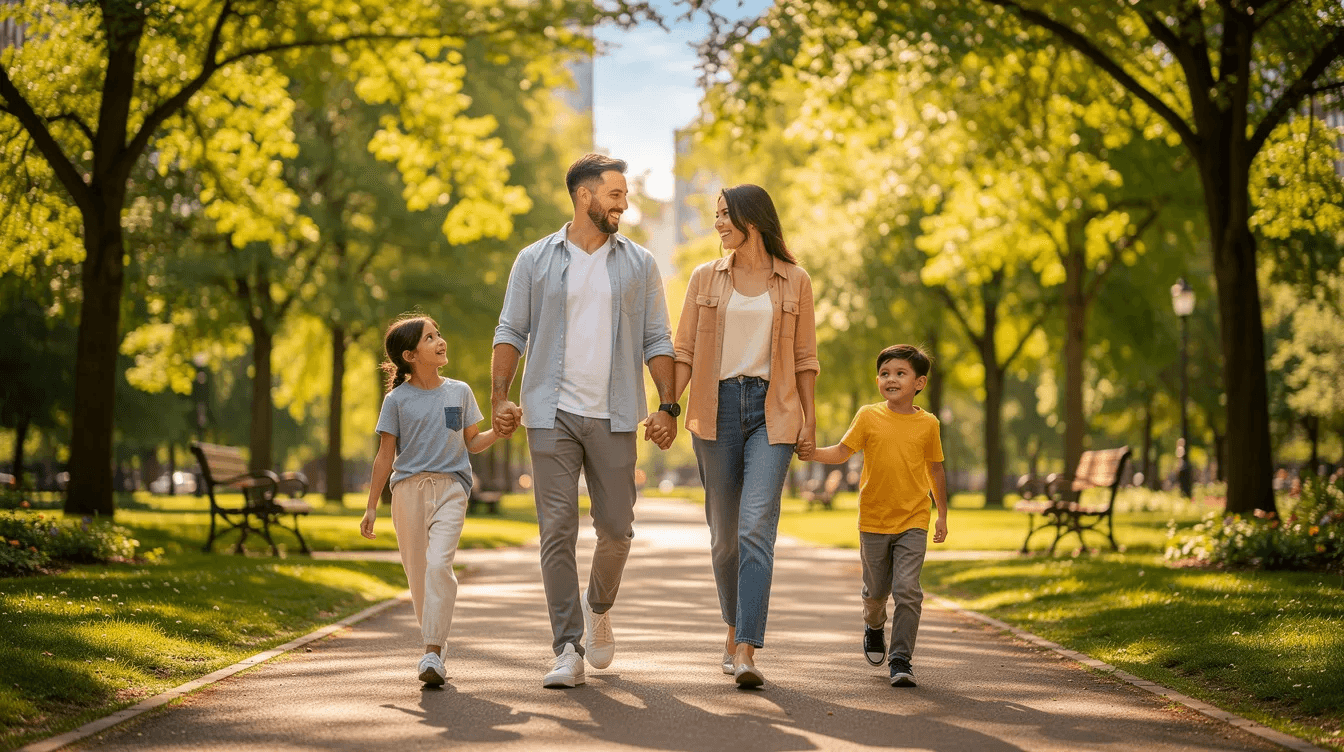 A family strolls together through a sunlit park, surrounded by tall trees, enjoying their time outdoors. The scene captures the warmth of family bonding in a vibrant natural setting, reminiscent of the importance of investment strategies and tax efficiency in managing one's financial portfolio.
