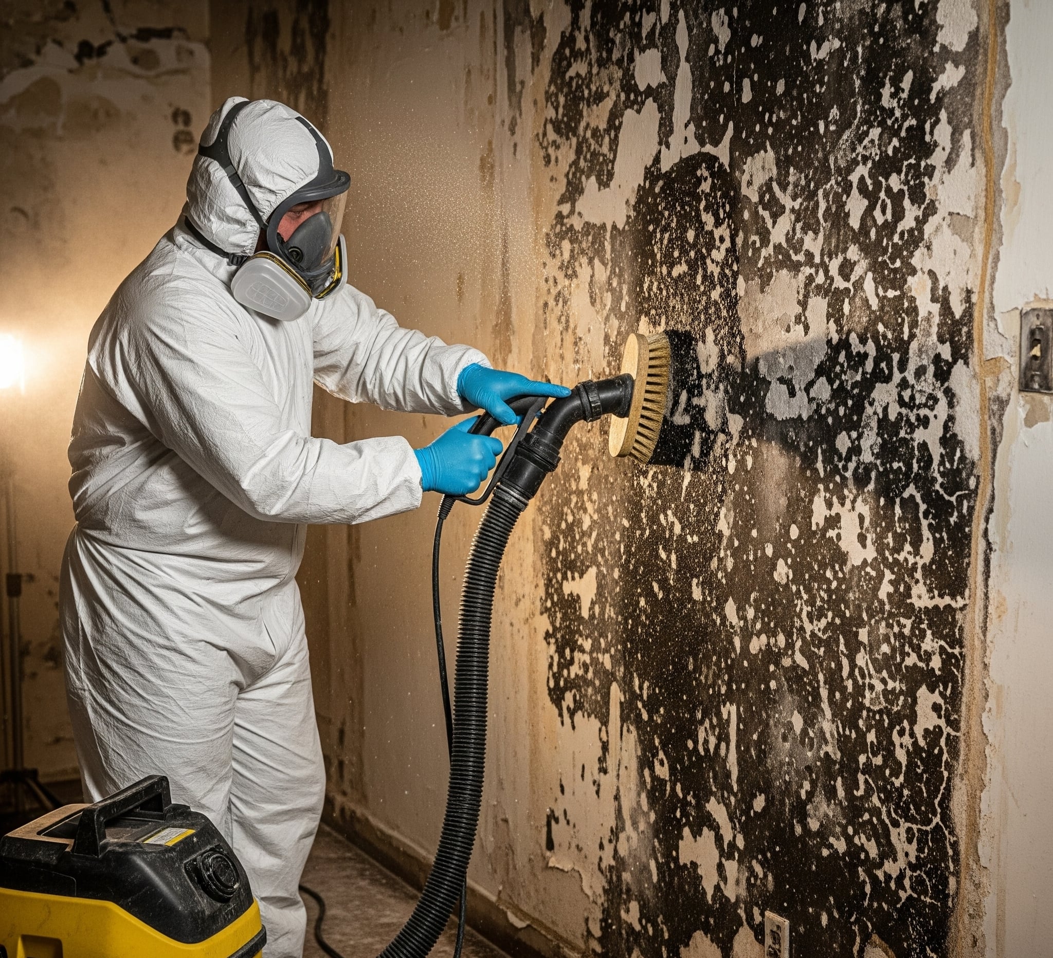 Technician scrubbing surfaces for complete mold removal and remediation