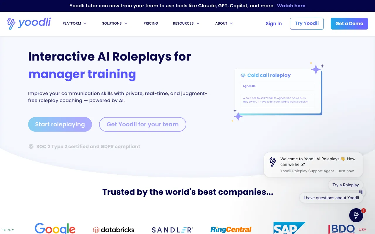 Yoodli homepage, interactive AI roleplays for communication and manager training
