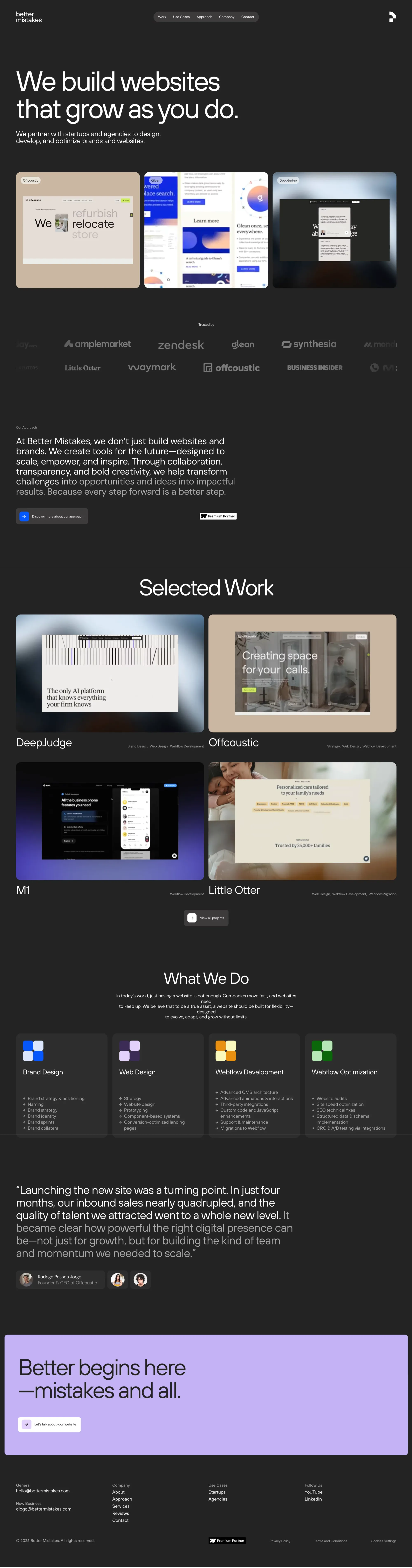 Better Mistakes portfolio page screenshot showcasing Design and Tech design