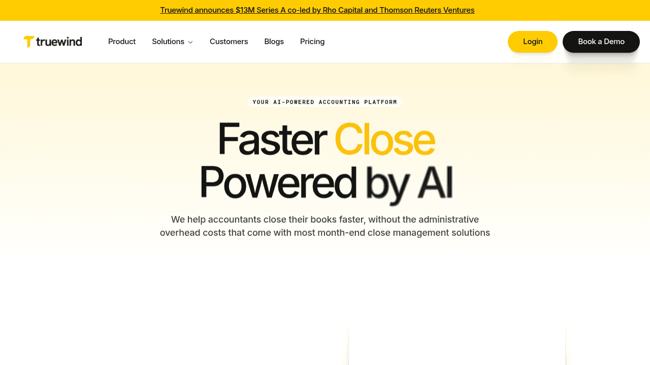 Truewind AI accounting platform product page showing automated financial workflows and digital accountant features