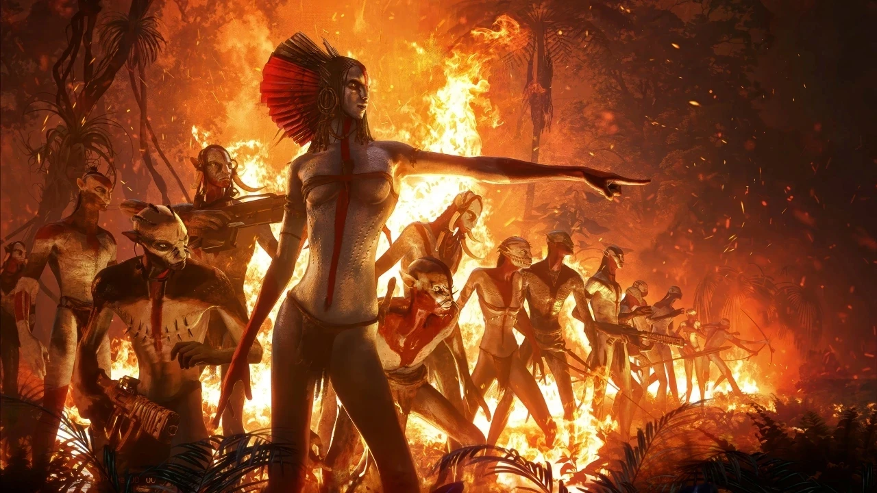 A group of warrior figures with tribal headdresses stand confidently amidst a blazing fire in a dense, mysterious jungle, exuding a sense of power and unity.