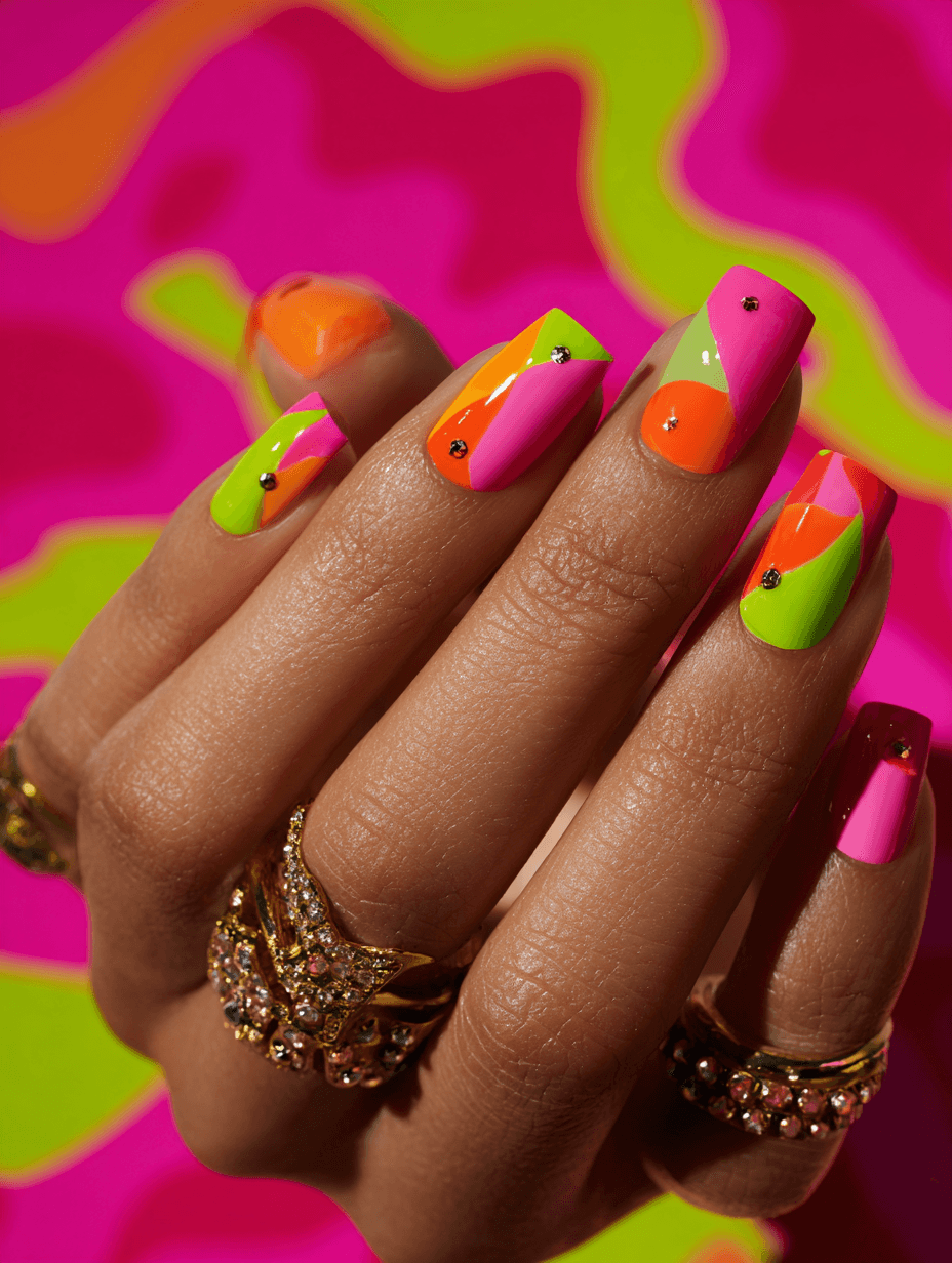 Neon pink, green, and orange mismatched nail art with rhinestones and gold rings.
