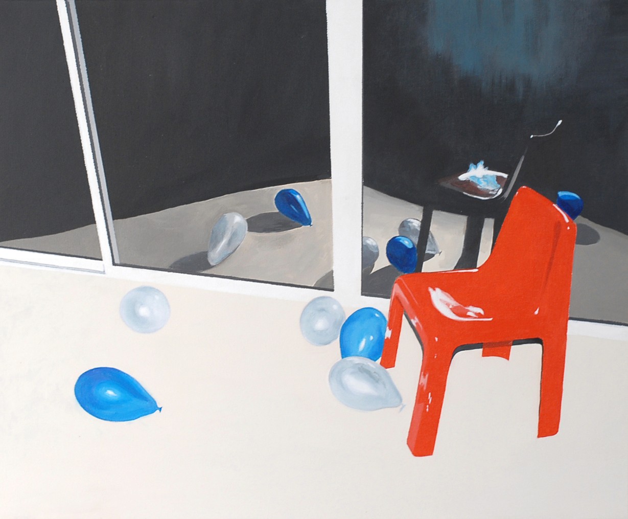 Chaise rouge et ballons, Acrylique sur toile, 61 x 50 cm, 2022