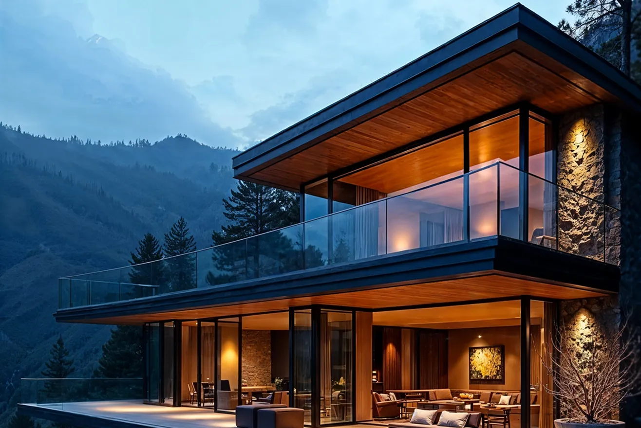 Modern mountain villa with a large wooden cantilevered balcony overlooking a scenic valley at dusk.