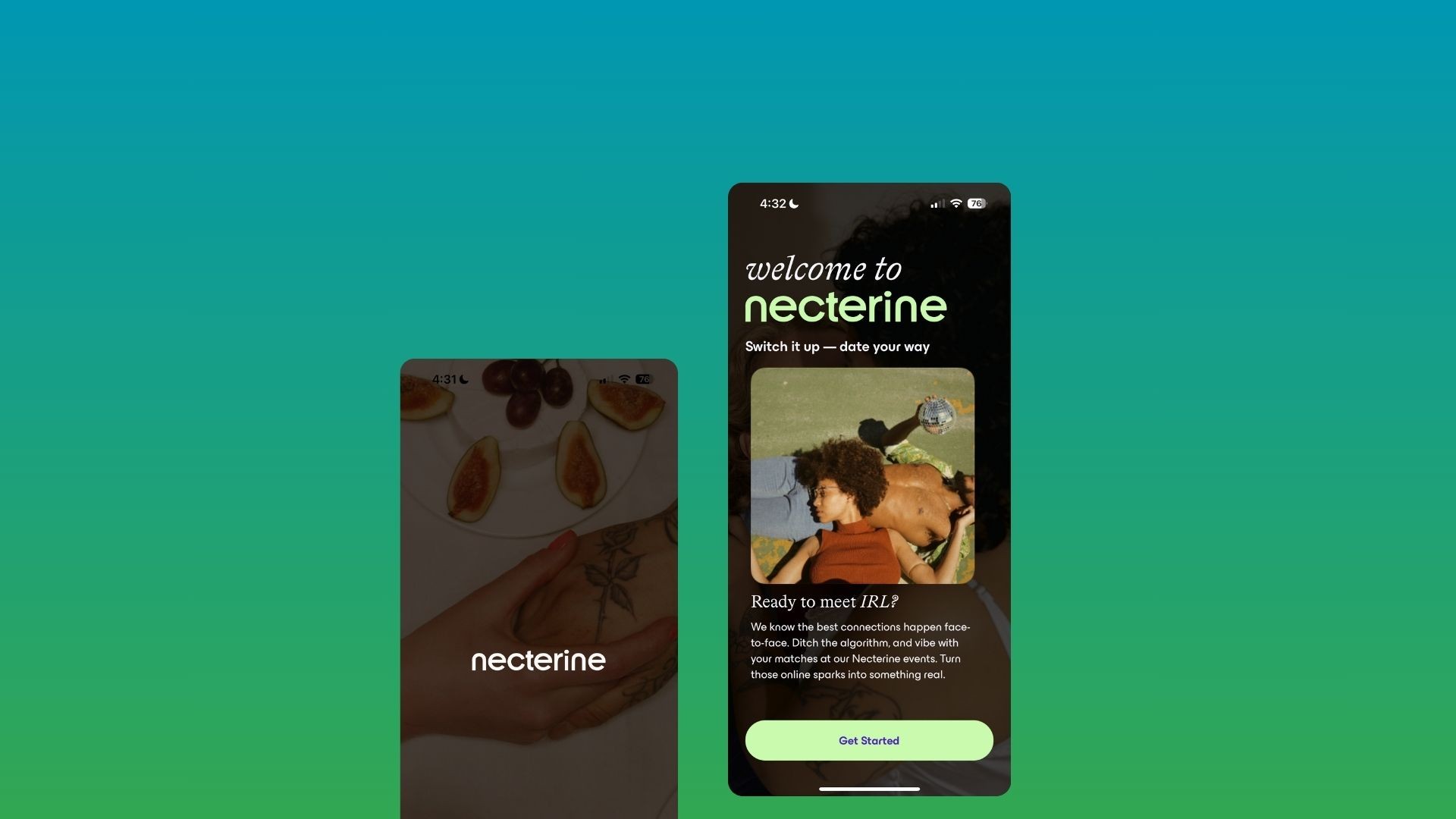 The homescreen of necterine app showing two people laying down