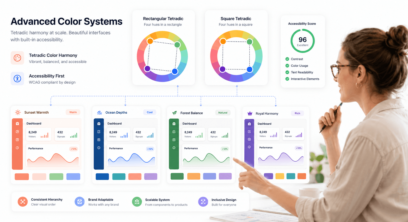 “UI design visualization comparing rectangular and square tetradic color systems with connected color wheel layouts and dashboard examples.”