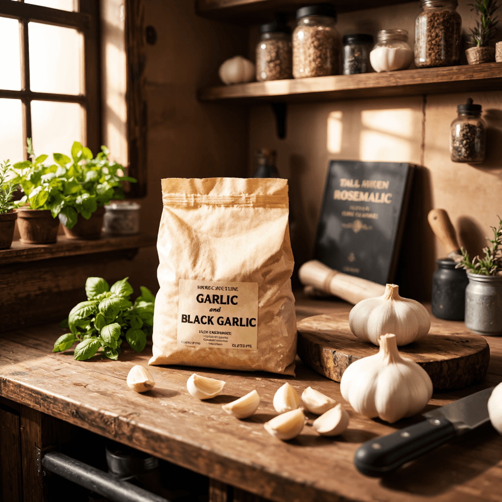product photography of bag of garlic and black garlic