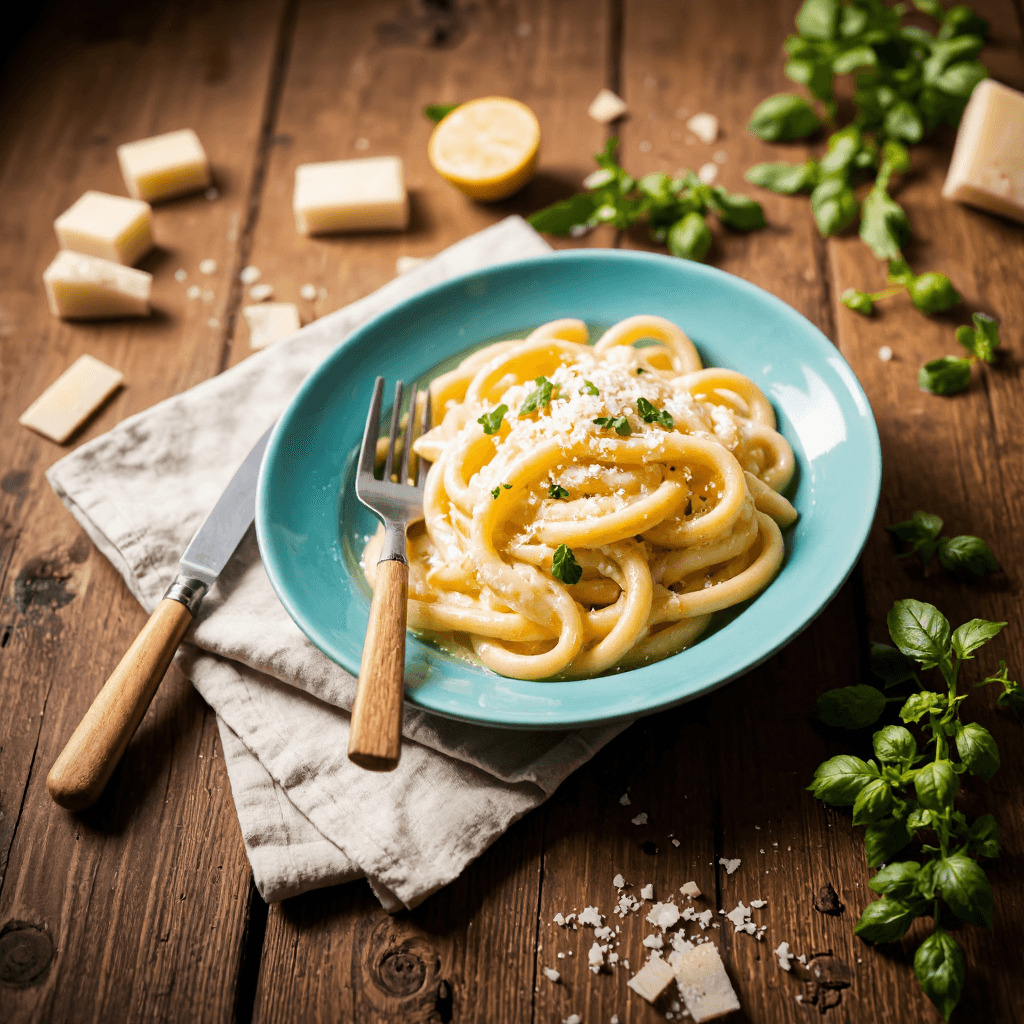 product photography of a plate of creamy pasta with herbs and cheese