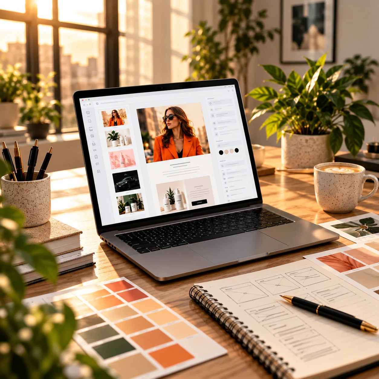 Laptop showing an email design editor on a creative desk with color swatches and a sketchbook
