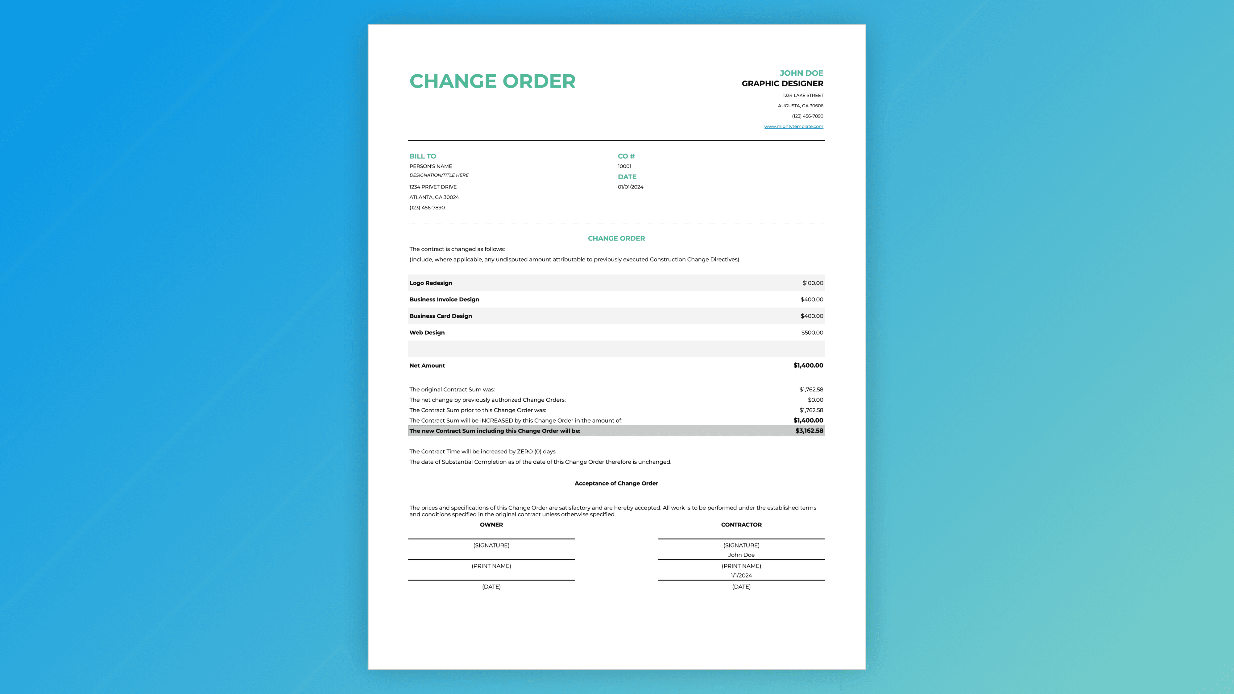 Change order template – description of changes, net amount, original contract sum, updated total, acceptance section, signature lines for owner and contractor, and date fields