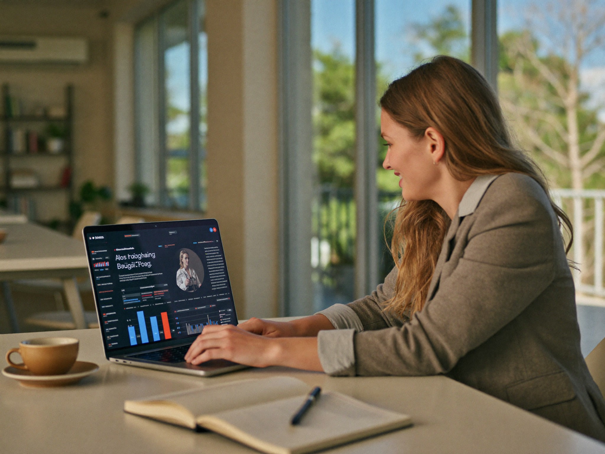 Woman working on a laptop showing a dark-themed analytics dashboard with bar charts and a contact profile visible on screen.