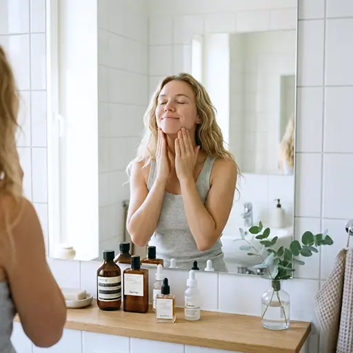 Woman in a bathroom touching her face in front of a mirror, with skincare serums and fragrance bottles on the counter, representing a Chemist Warehouse shopper waiting for a beauty product to come back in stock