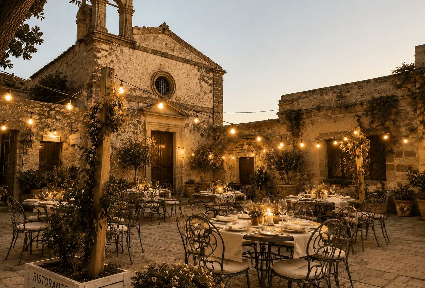 An outdoor evening dining courtyard at Ristorante Principino set against an ancient stone church facade under a twilight sky. Round tables with white linens, fine glassware, and burning candles are arranged across the stone patio, surrounded by wrought-iron chairs. Warm string lights stretch across the courtyard, illuminating potted olive trees and rustic stone architecture.