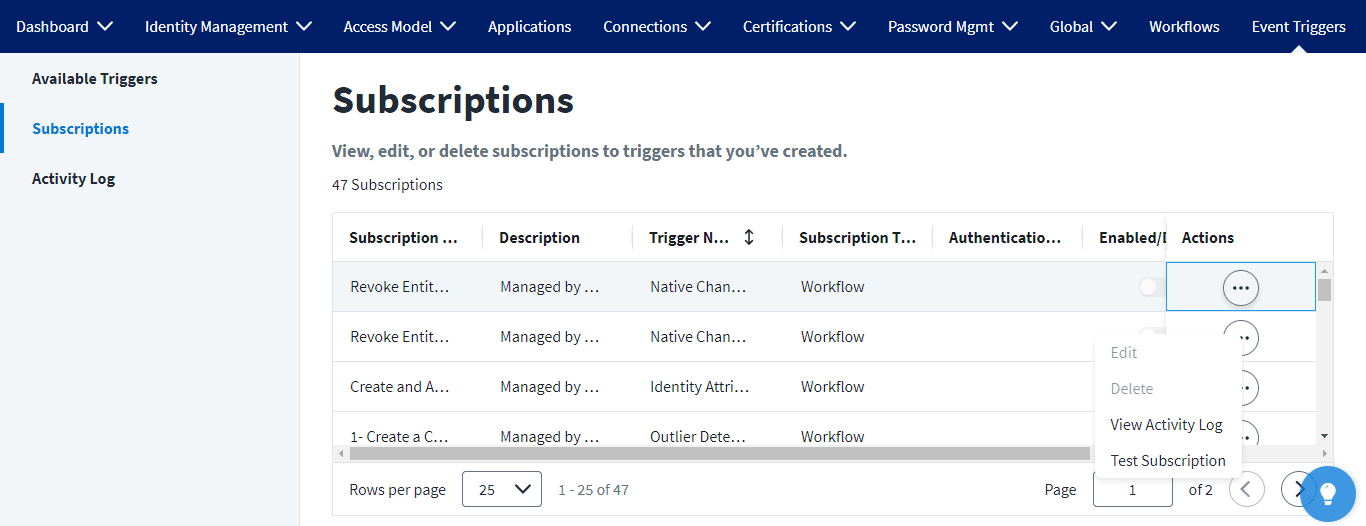 SailPoint Subscriptions page displaying configured trigger subscriptions with workflow details and action options.