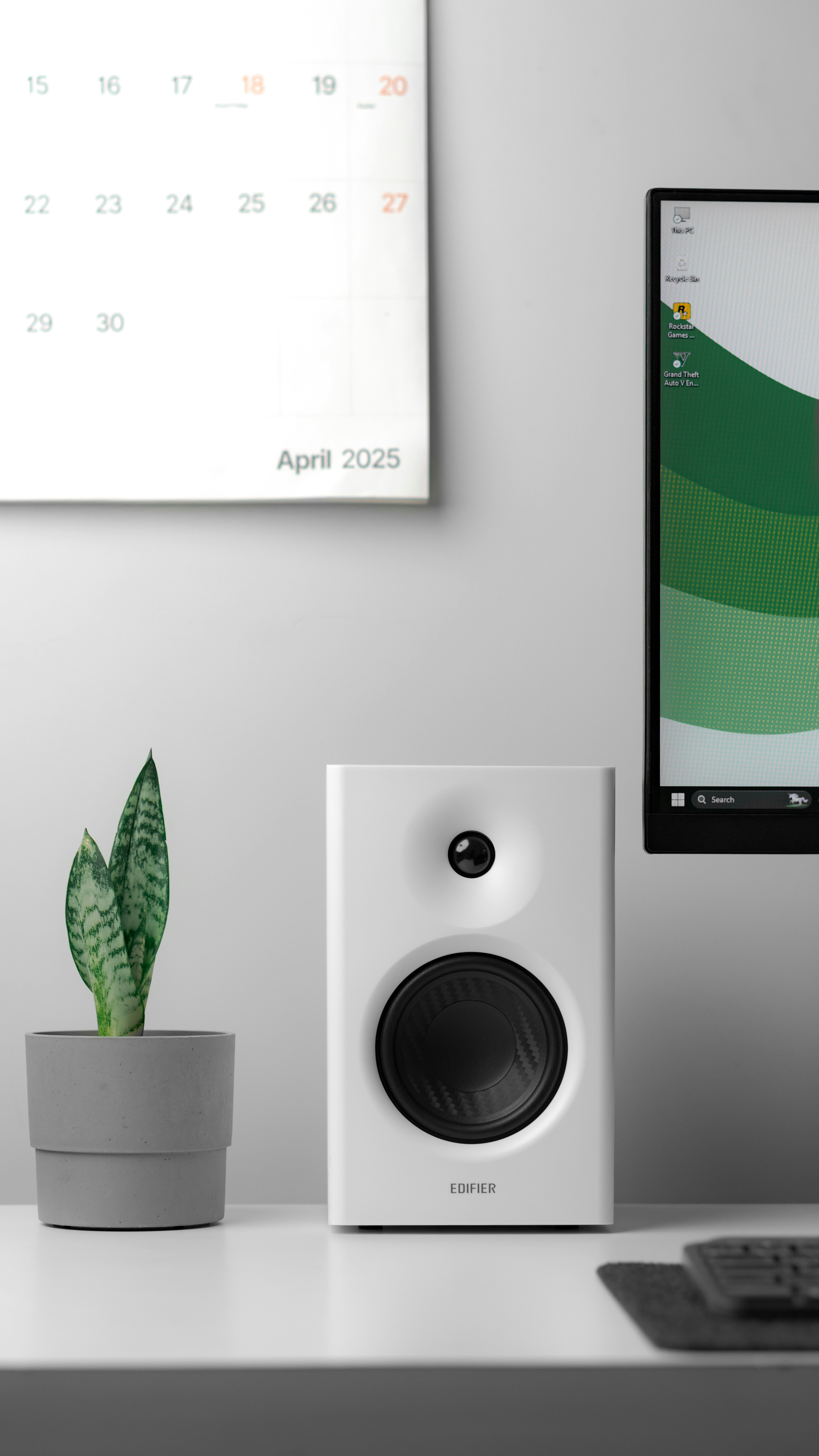 A white speaker stands beside a potted plant.