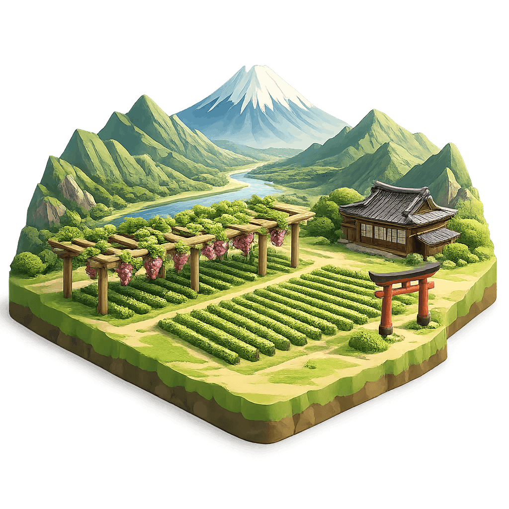 Artistic illustration of the Yamanashi wine region.