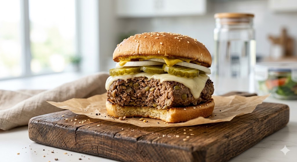 A close-up photograph of a healthy, high-protein beef and lentil burger with melted cheese and pickles on a keto bun, presented on a wooden board as part of a nutritious fitness meal prep.