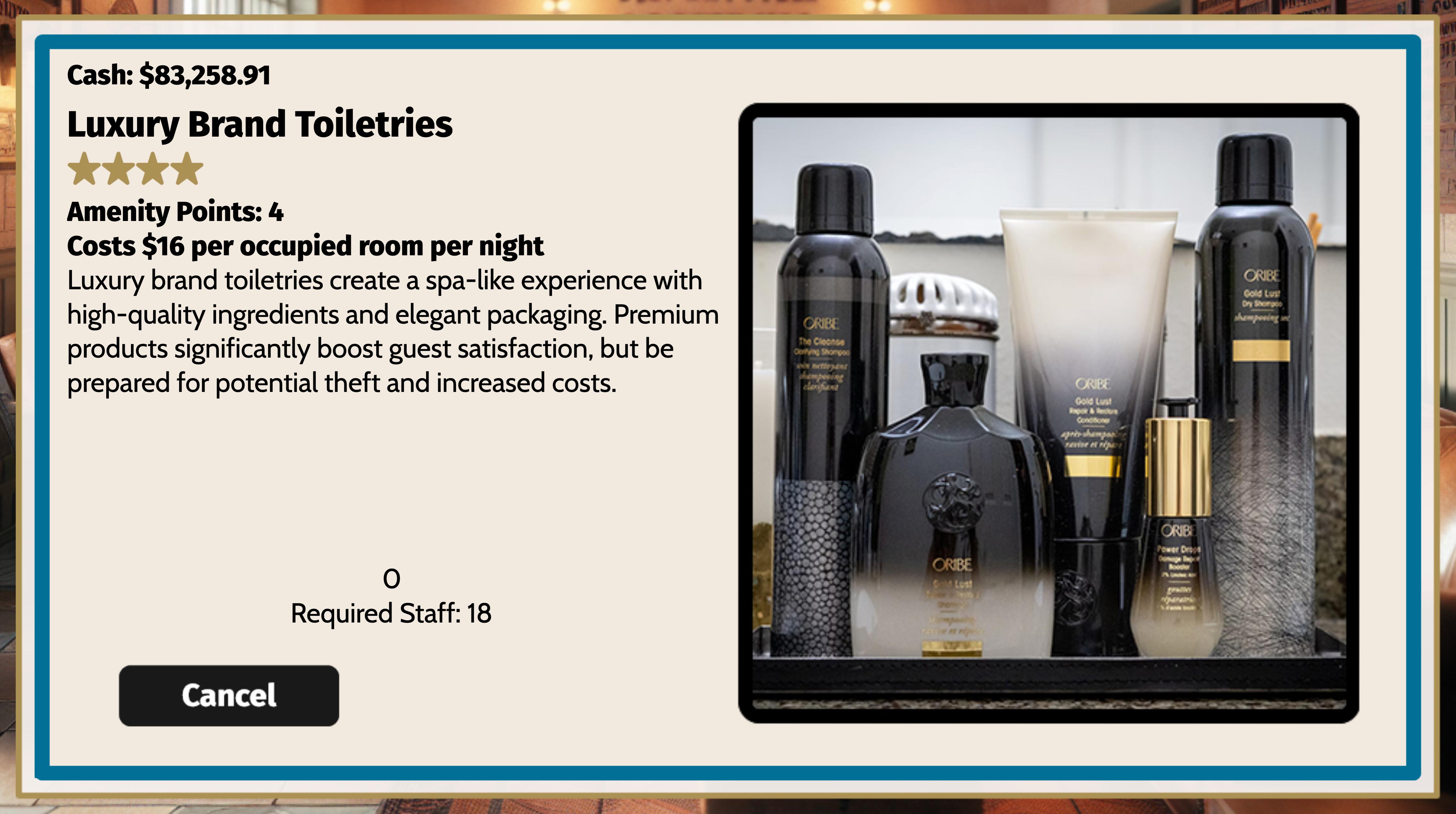 An amenity upgrade screen for luxury toiletries in a gamified learning module developed for a university hospitality program.