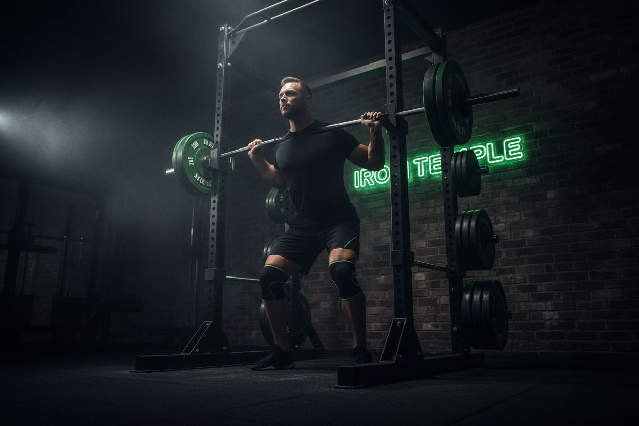 A lifter performing a back squat in a gym rack