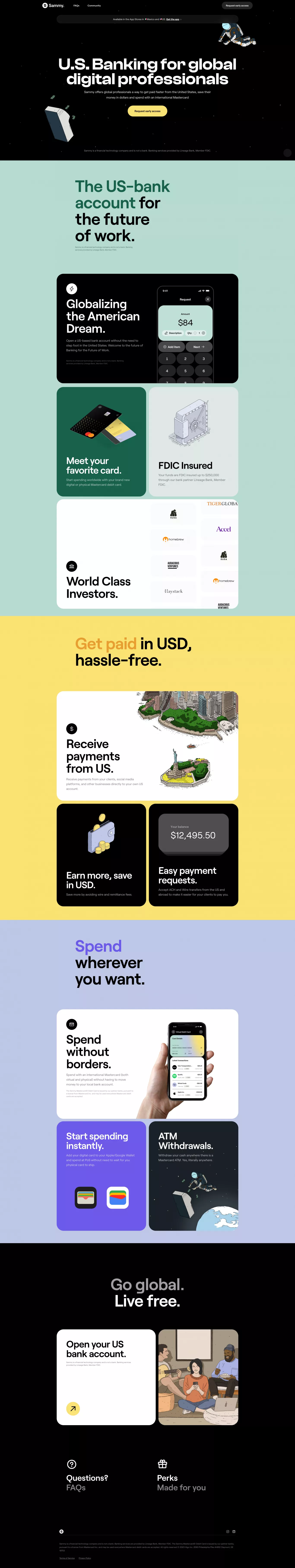 Sammy landing page screenshot showcasing Tech and Finance design