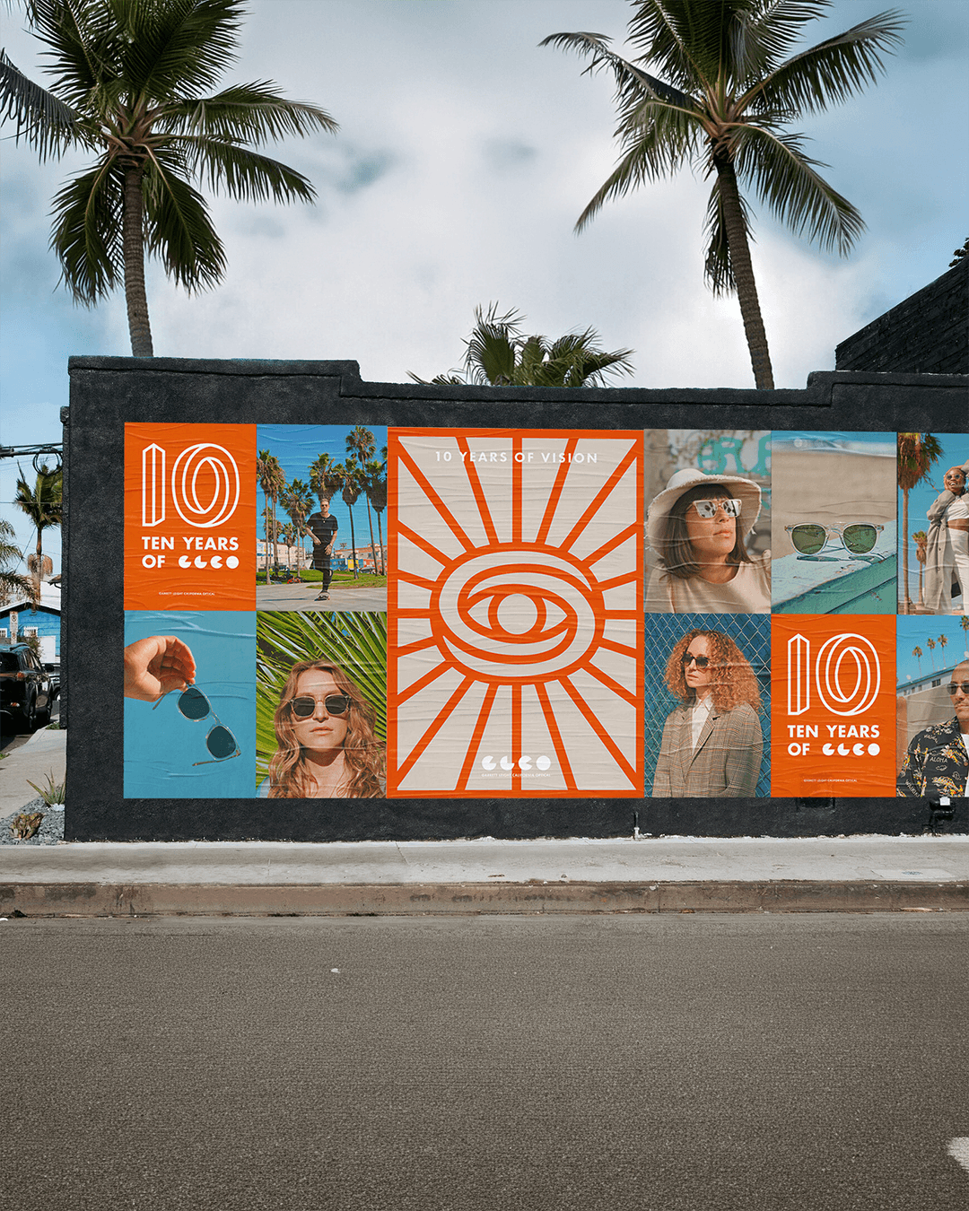 Garrett Leight "Ten Years of Vision" wheatpaste campaign poster installed on a wall, referencing the surf and skate culture of Venice Beach