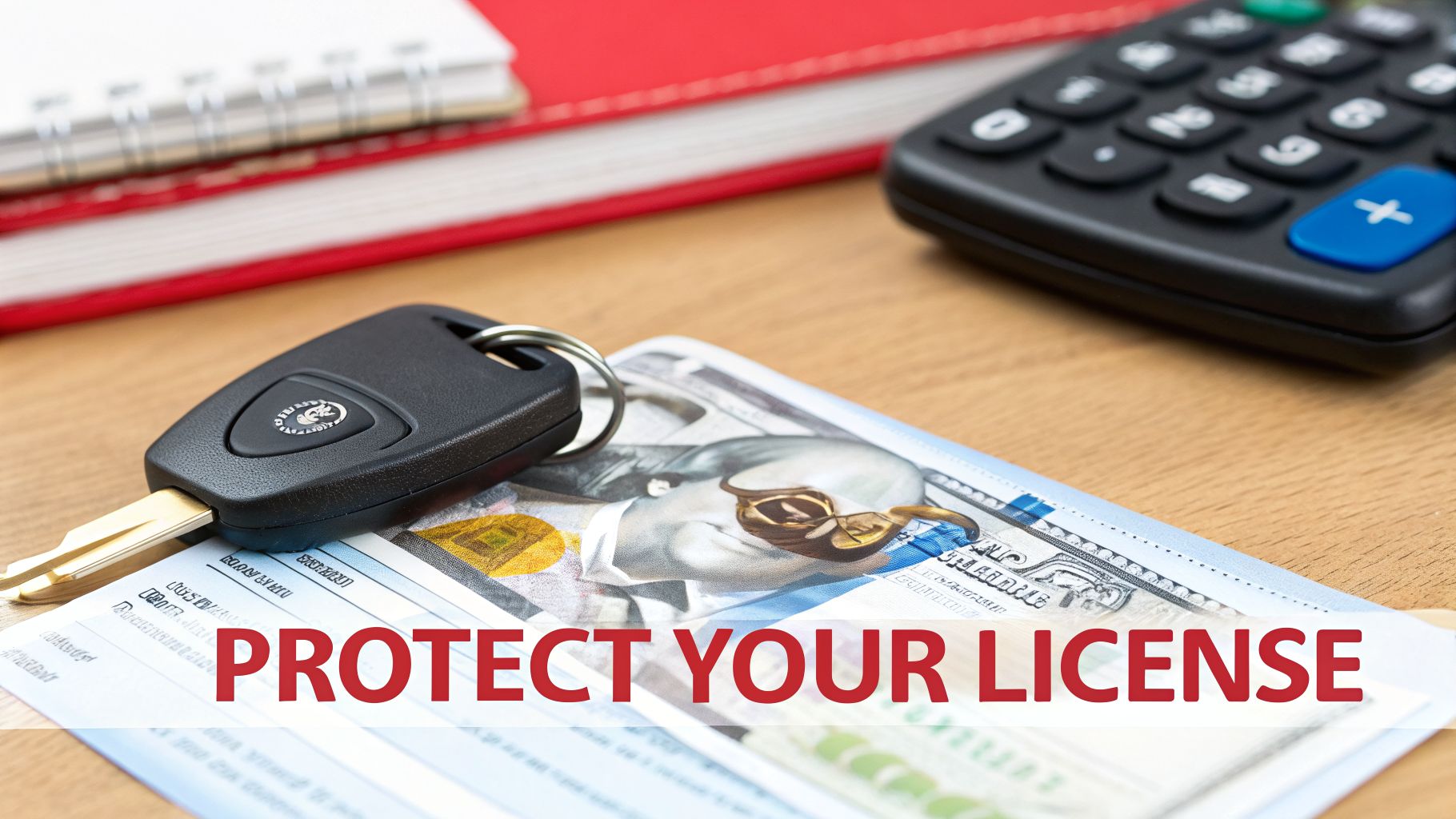 A car key, a hundred-dollar bill, and a document with 'PROTECT YOUR LICENSE' text, suggesting legal protection for drivers.