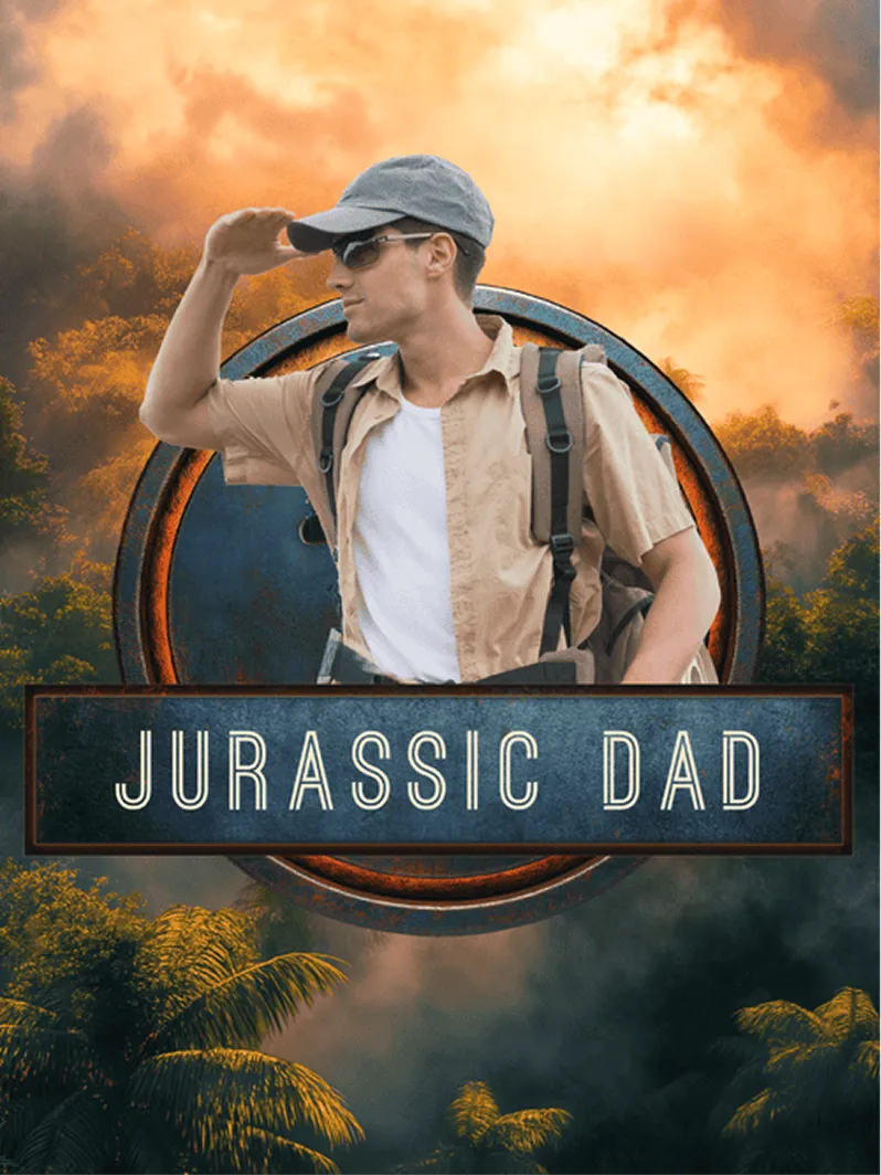 Father's Day card template with a 'Jurassic Dad' adventure-poster design and a dad-in-explorer-pose photo.