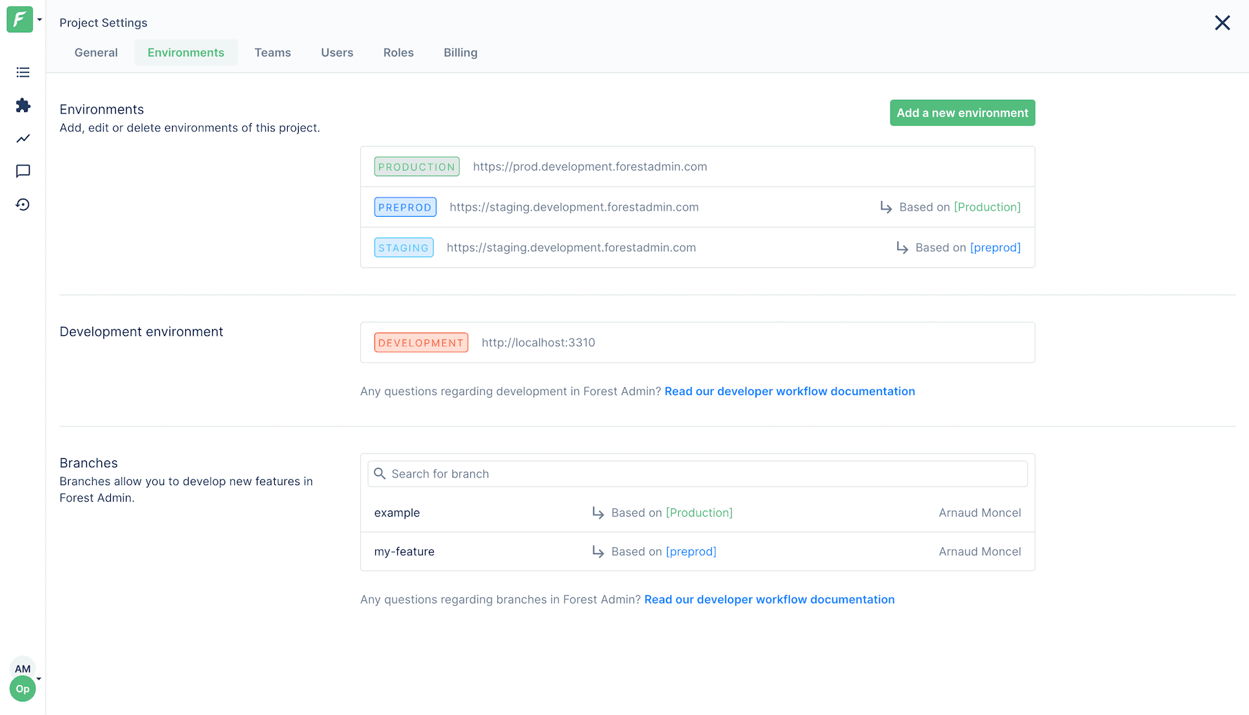 The environment section in the Forest Admin projects settings.