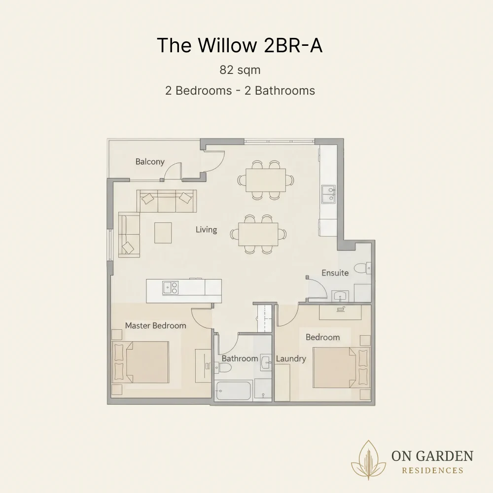 Floor plan for The Willow, an 82 square metre 2-bedroom residence with 2 bathrooms and a separate laundry area.