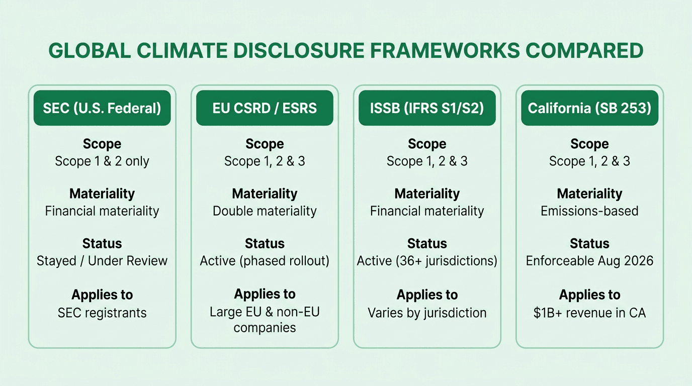 Comparison of four major global climate disclosure frameworks showing SEC, EU CSRD, ISSB, and California SB 253 requirements across scope, materiality, status, and applicability