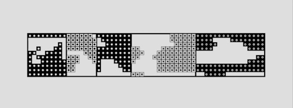 Segmented rectangular grid with five sections, each displaying distinct black-and-white patterns using circles, squares, Xs, and asterisks.