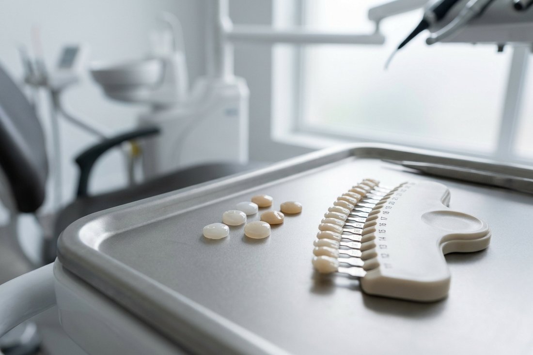 Tooth-colored composite filling samples and a shade guide on a clean dental tray