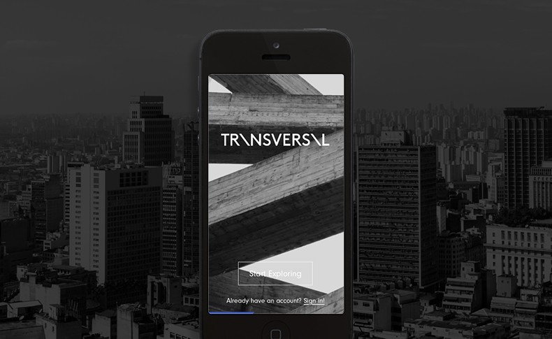 A black iPhone screen displays a grayscale image of wooden beams against a gray cityscape background. The text “TRNSVERSXL” appears in white uppercase letters near the top. Below it, a white box contains the text “Start Exploring” and a white button labeled “Already have an account? Sign in!”. The phone is centered in the frame.