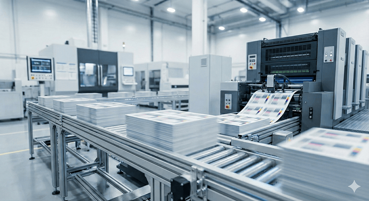Industrial offset printing factory floor in Kuching showing high-volume custom packaging production.