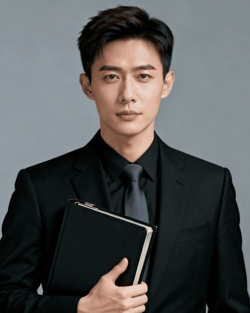 A man wearing a suit is holding a folder, appearing poised and prepared for a meeting.
