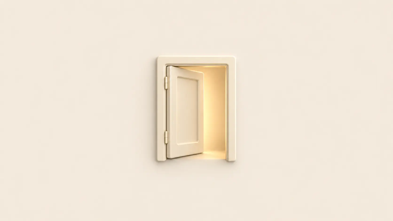 Neumorphic open door on cream canvas representing the journey from idea to live vault with Lucidly's syUSD and syBTC