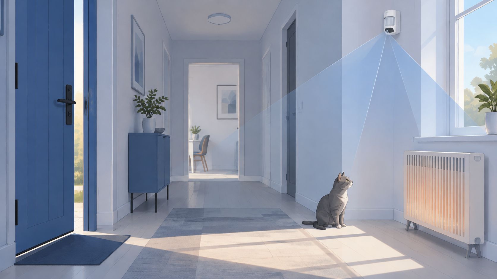 A domestic hallway featuring a wall-mounted motion detector sensor monitoring the room where a cat sits.