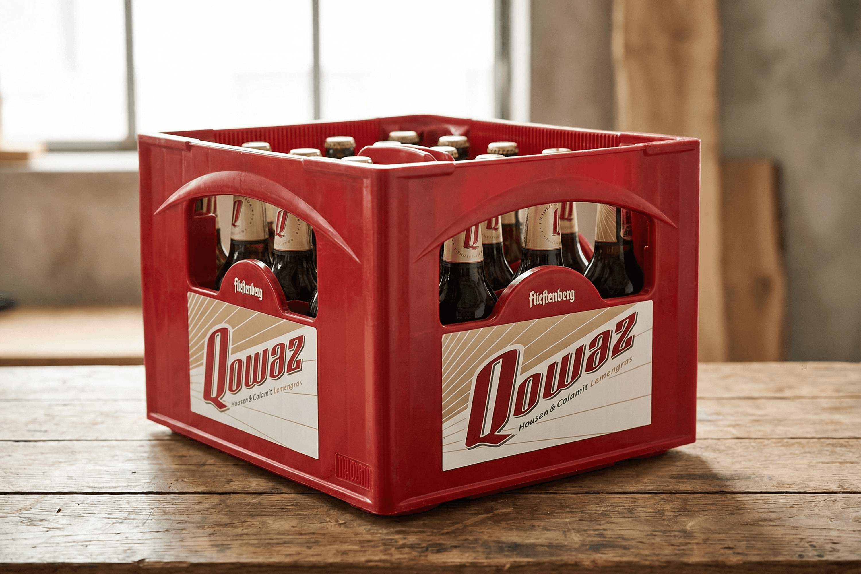 Red bottle crate with six bottles of beer.