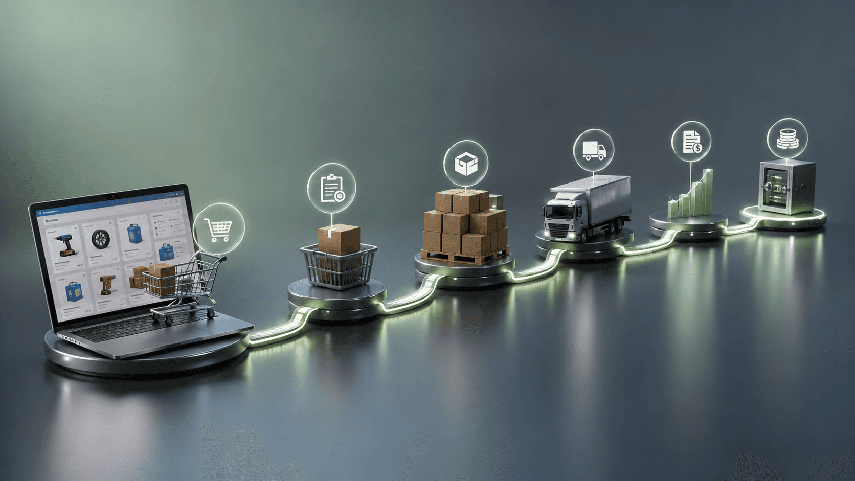 Ilustração 3D realista em formato panorâmico mostrando um fluxo integrado de pedidos B2B. À esquerda, um notebook exibe uma plataforma de compras online com produtos e um carrinho. Uma trilha luminosa conecta diferentes etapas da operação: carrinho de compras com caixa, processamento de pedido, estoque com pallets de mercadorias, transporte por caminhão, registro financeiro representado por gráficos e documentos, e um sistema ERP representado por um servidor seguro. Todos os elementos estão alinhados em uma única cena contínua, sobre uma superfície tecnológica moderna, com iluminação suave e visual corporativo de alta tecnologia. Não há pessoas nem textos visíveis.