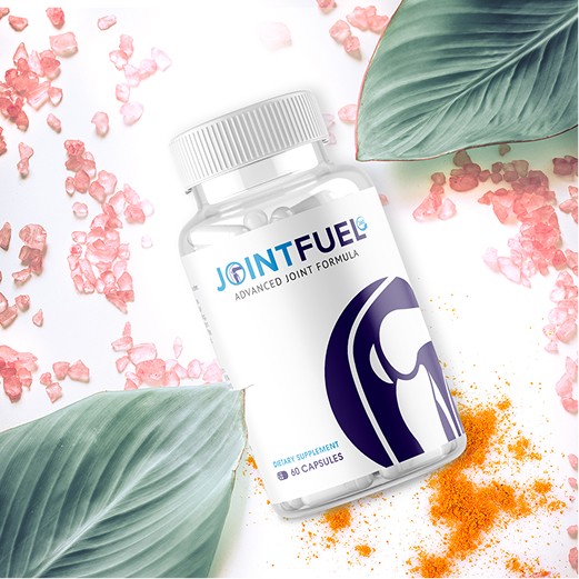 A bottle with supplements that says Jointfuel with leafs on the side and pink grains in the background